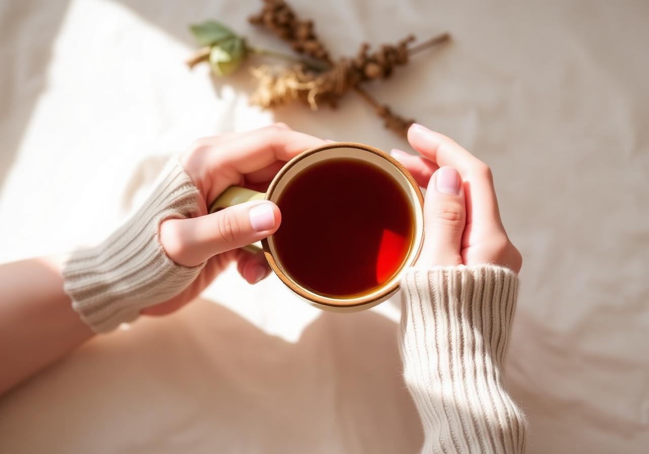 Two hands cradling a warm ceramic mug