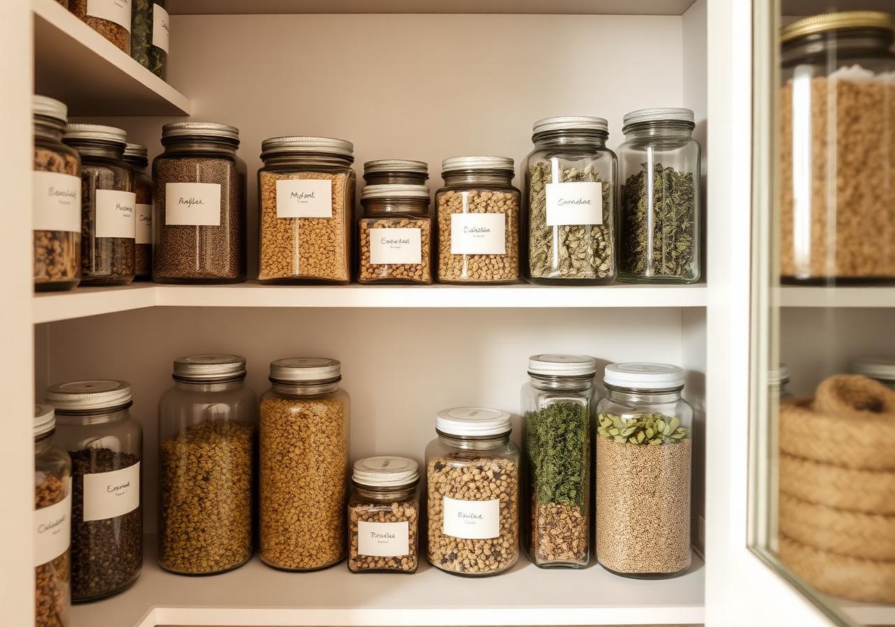 Minimalist pantry with glass jars and dried herbs