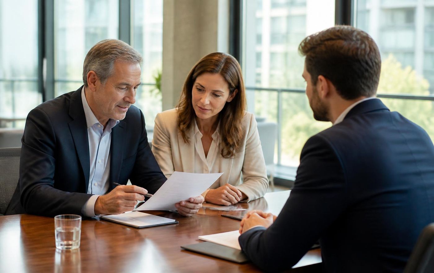 Business advisors reviewing LLC formation documents with a client