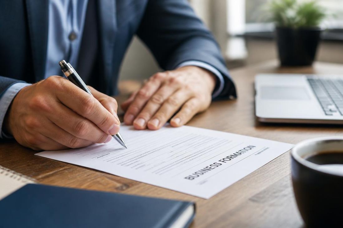 Signing business formation paperwork at a desk